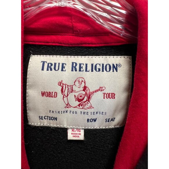 True Religion Black Hoodie With Red Logo XL Mens Pullover Sweatshirt Cotton/Poly - Picture 3 of 5